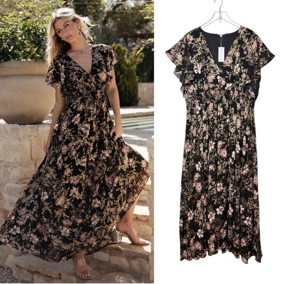 Baltic Born Dresses & Skirts - NEW Baltic Born Lynlee Black Metallic Floral Women’s V Neck Maxi Dress Sz 3X